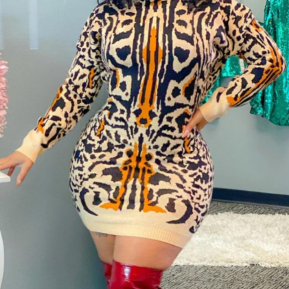 Plus size, animal print, turtleneck mini dress